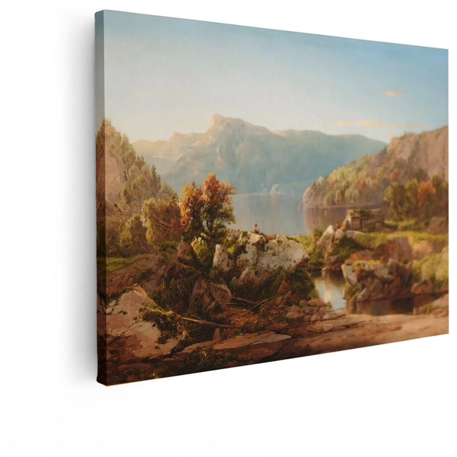 Artaza Canvas Schilderij Idyllisch Berglandschap met meer - Hut en Vissende Figuren in de Herfst - 120x90 cm - Groot - Wanddecoratie Woonkamer - Schilderijen - Muurdecoratie afbeelding 1