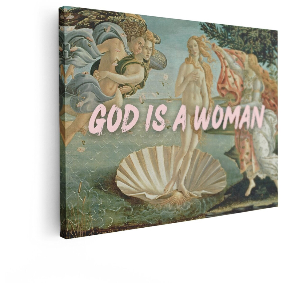 Artaza Canvas Schilderij De Geboorte van Venus met de Tekst 'God Is een Vrouw' - 80x60 cm - Wanddecoratie Woonkamer - Schilderijen - Muurdecoratie afbeelding 1