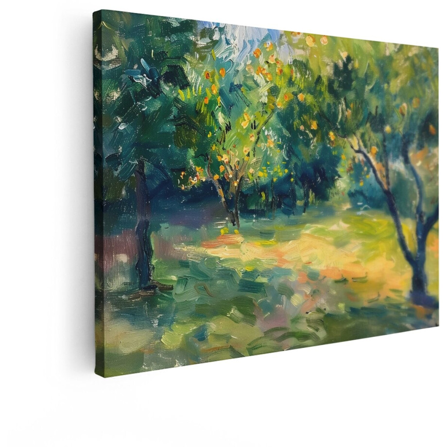 Artaza Canvas Schilderij Schilderij van een Boomgaard met Sinaasappels en Zonlicht op het Gras - 120x90 cm - Groot - Wanddecoratie Woonkamer - Schilderijen - Muurdecoratie afbeelding 1
