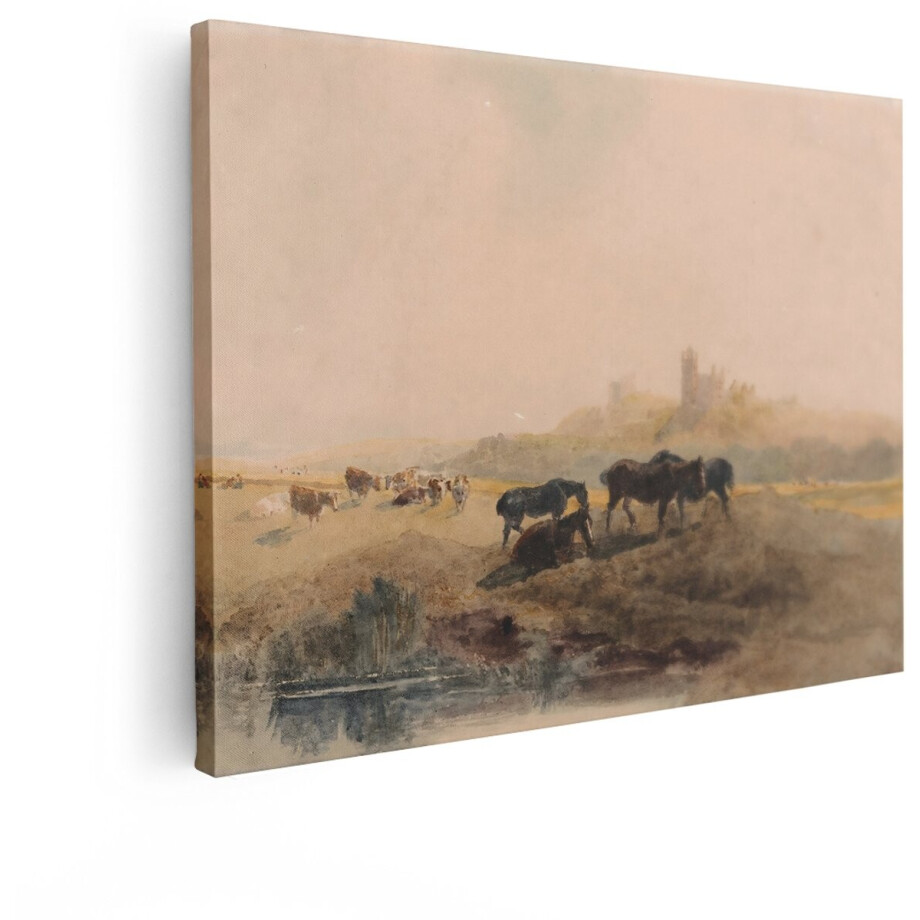 Artaza Canvas Schilderij Paarden en Koeien in een Landschap met een Kasteel op de Achtergrond - 80x60 cm - Wanddecoratie Woonkamer - Schilderijen - Muurdecoratie afbeelding 1
