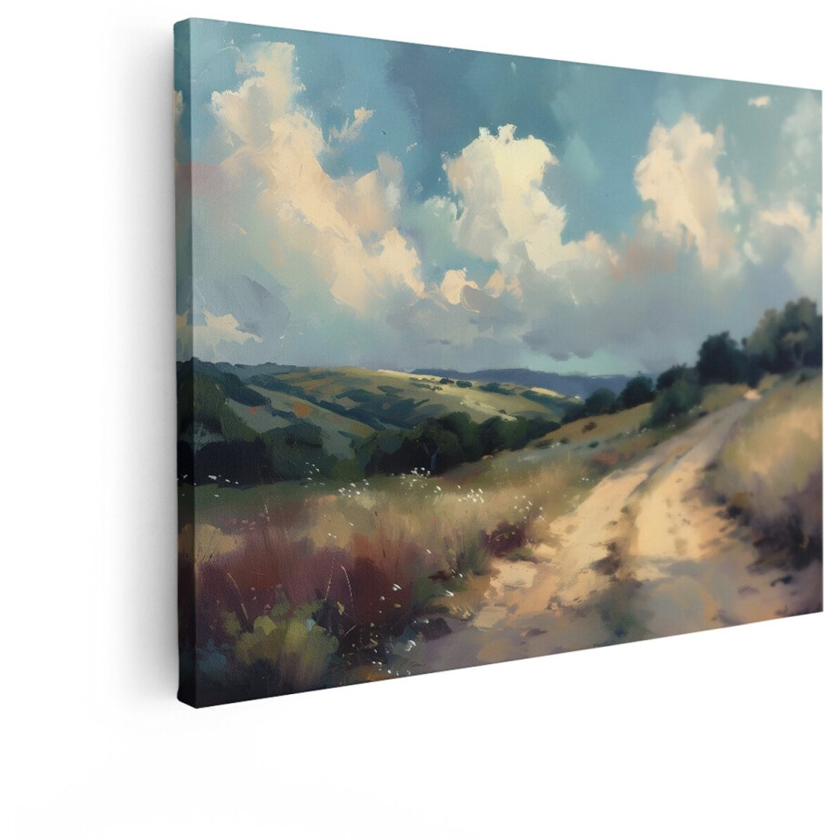 Artaza Canvas Schilderij Schilderachtig Landschap met Glooiende Heuvels en een Zonnig Pad - Impressionistische Stijl - 80x60 cm - Wanddecoratie Woonkamer - Schilderijen - Muurdecoratie afbeelding 1