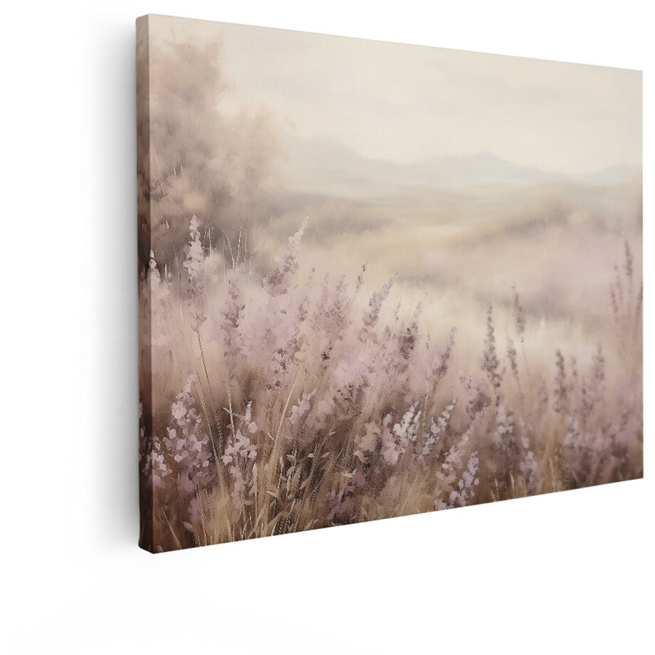 Artaza Canvas Schilderij Zachte Lavendelvelden in de Vroege Ochtendnevel met Zachte Heuvels op de Achtergrond - 40x30 cm - Klein - Wanddecoratie Woonkamer - Schilderijen - Muurdecoratie afbeelding 1