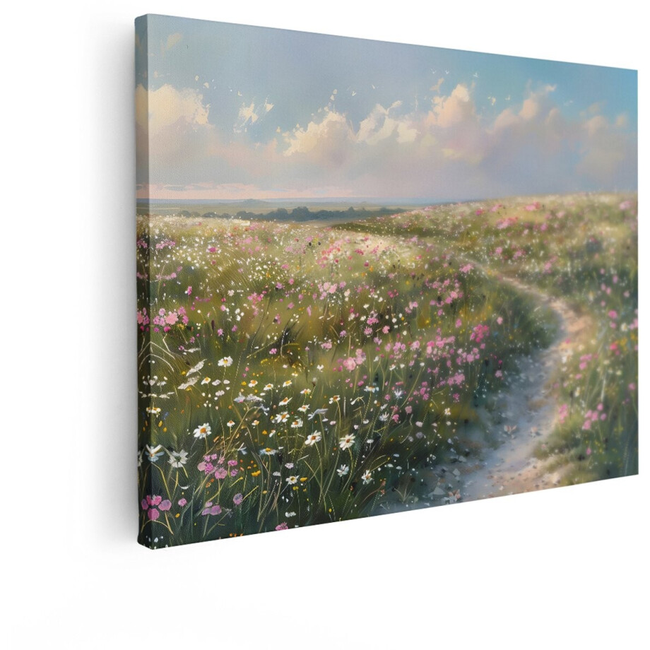 Artaza Canvas Schilderij Zomerse Bloemenweide met een Kronkelend Pad onder een Luchtige Hemel - 80x60 cm - Wanddecoratie Woonkamer - Schilderijen - Muurdecoratie afbeelding 1