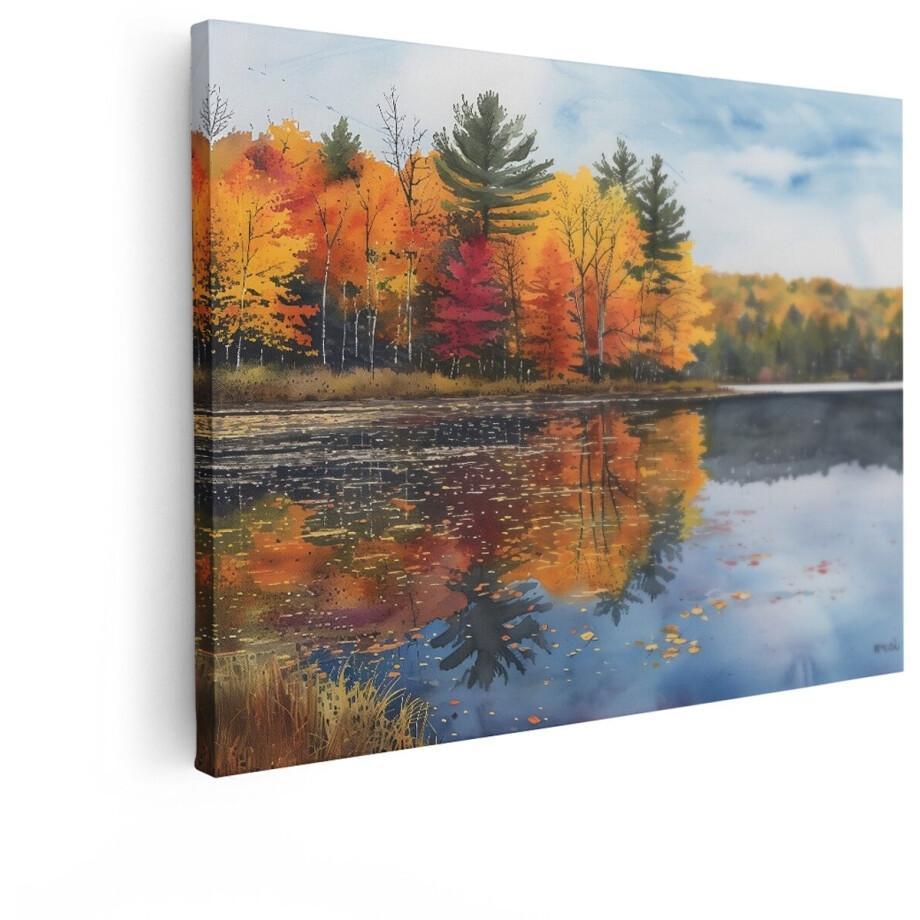 Artaza Canvas Schilderij Herfstbos - 40x30 cm - Wanddecoratie Landschap - Muurdecoratie Bomen - Decoratie Natuur Aquarel afbeelding 1