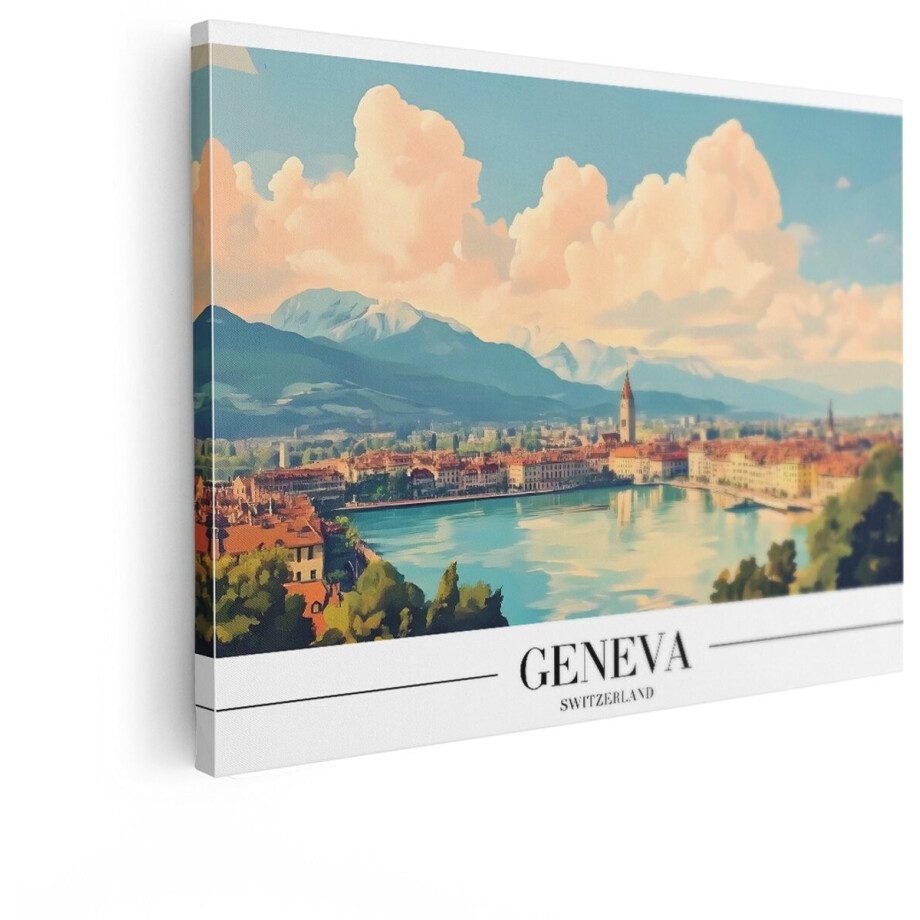 Artaza Canvas Schilderij Genève Zwitserland - 120x90 cm - Wanddecoratie Skyline - Muurdecoratie Bergen Landschap - Decoratie Woonkamer afbeelding 1