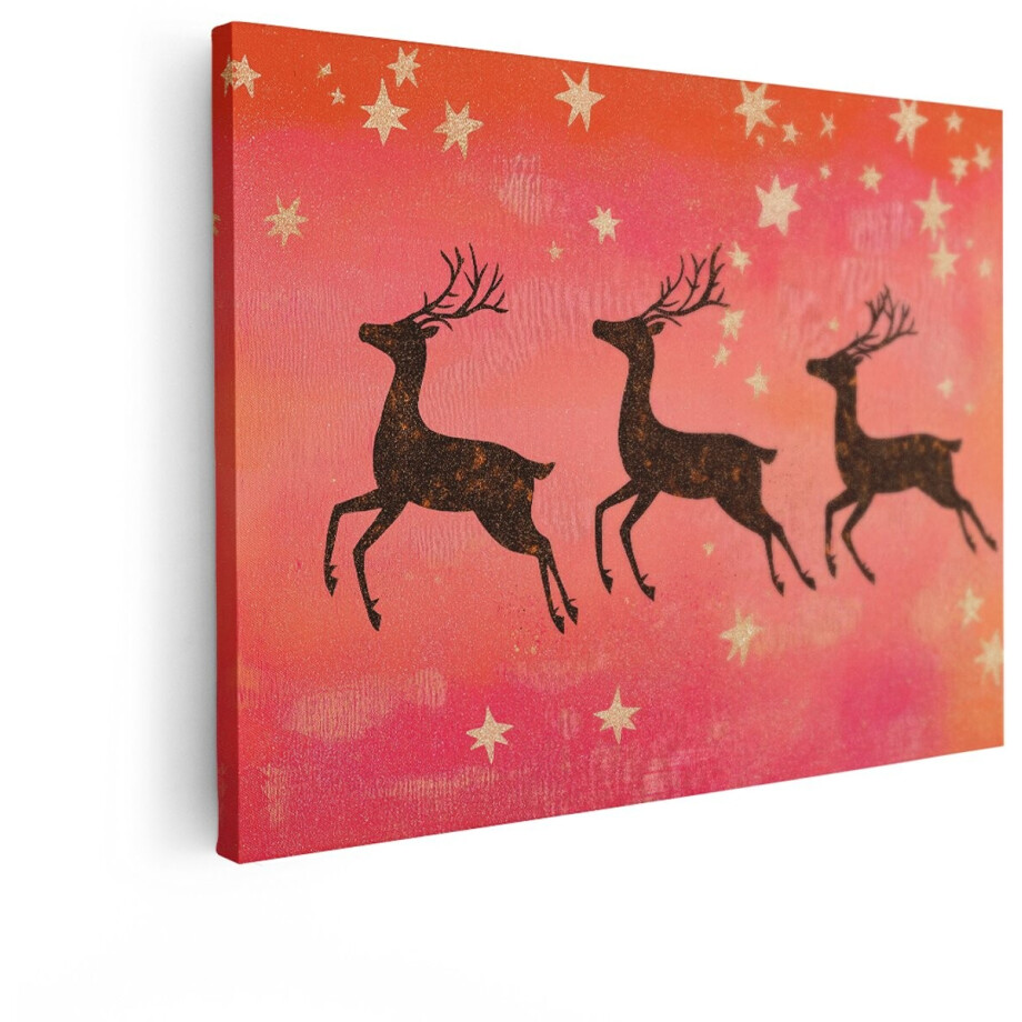 Artaza Canvas Schilderij Drie Herten Silhouetten met Sterren op een Roze en Oranje Achtergrond - 40x30 cm - Klein - Wanddecoratie Woonkamer - Schilderijen - Muurdecoratie afbeelding 1