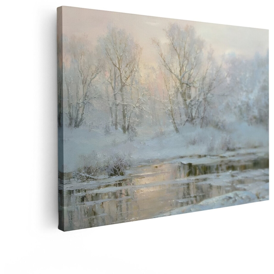 Artaza Canvas Schilderij Winterlandschap - 120x90 cm - Wanddecoratie Besneeuwde Bomen - Muurdecoratie Natuur - Decoratie Bevroren Rivier afbeelding 1