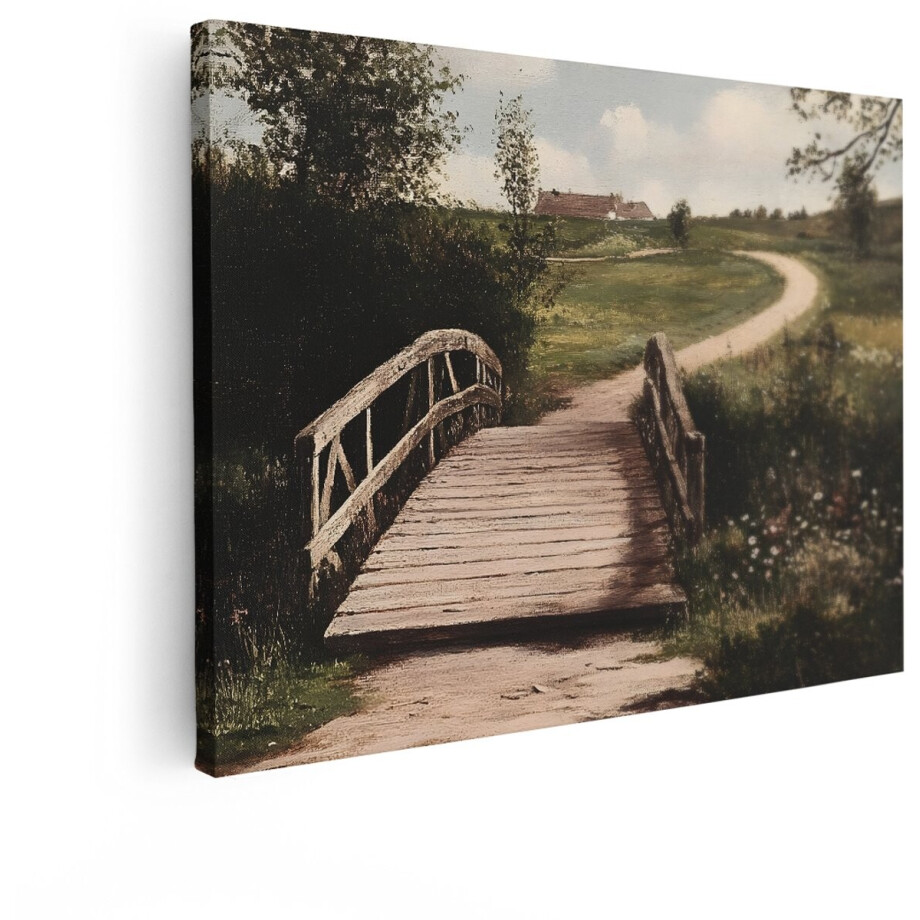Artaza Canvas Schilderij Rustieke Houten Brug Leidt Naar een Boerderij op een Glooiende Groene Heuvel - 120x90 cm - Groot - Wanddecoratie Woonkamer - Schilderijen - Muurdecoratie afbeelding 1