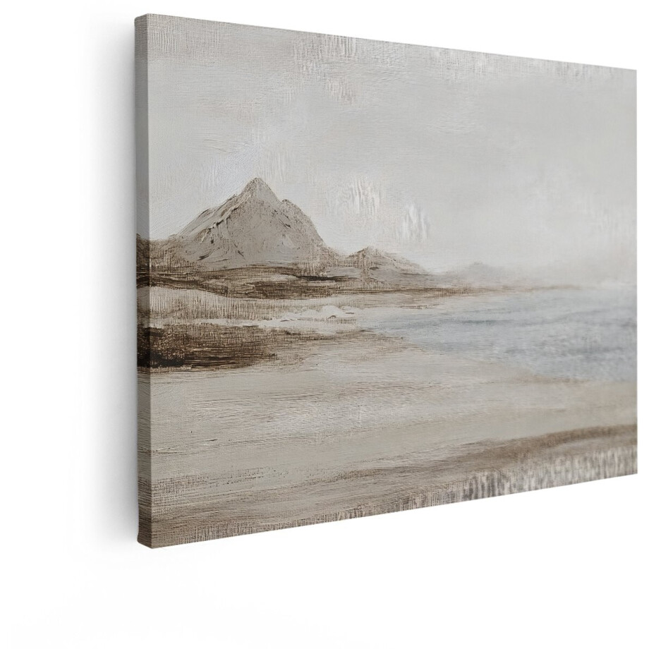 Artaza Canvas Schilderij Abstract Olieverfschilderij van een Mistig Berglandschap aan Zee in Aardetinten - 80x60 cm - Wanddecoratie Woonkamer - Schilderijen - Muurdecoratie afbeelding 1