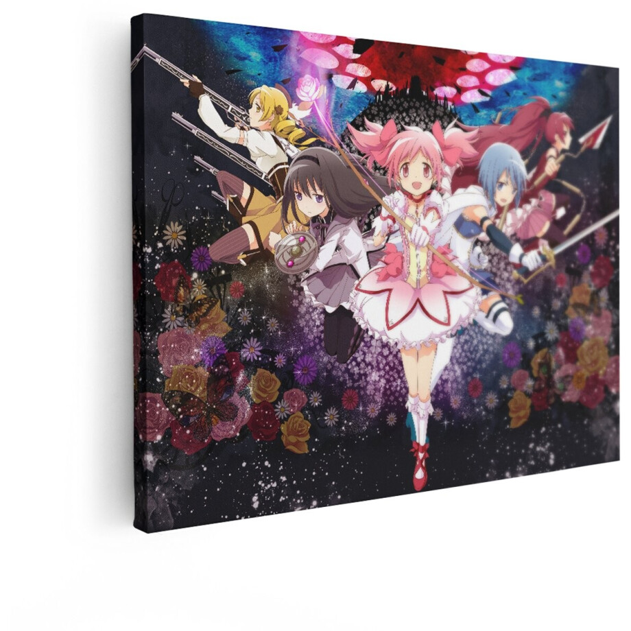 Artaza Canvas Schilderij Anime Magische Meisjes Vechten Samen met Wapens en Bloemen - 80x60 cm - Wanddecoratie Woonkamer - Schilderijen - Muurdecoratie afbeelding 1