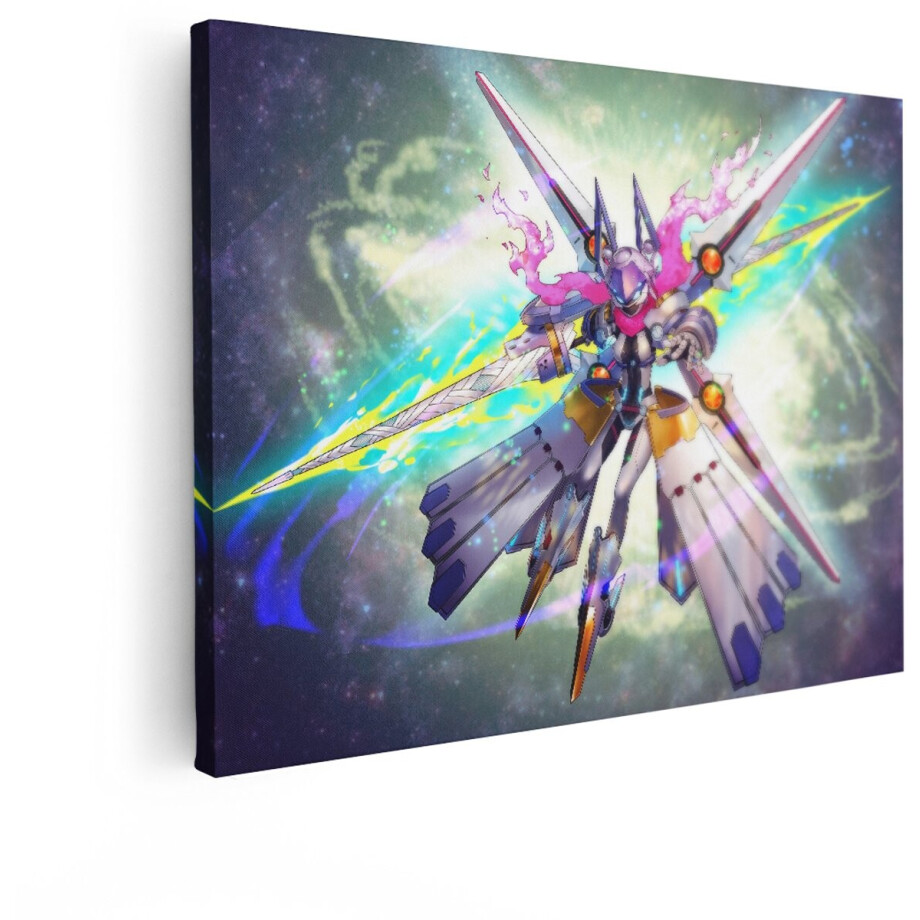 Artaza Canvas Schilderij Futuristische Robot met Zwaarden en Vlammen in de Ruimte - 40x30 cm - Klein - Wanddecoratie Woonkamer - Schilderijen - Muurdecoratie afbeelding 1