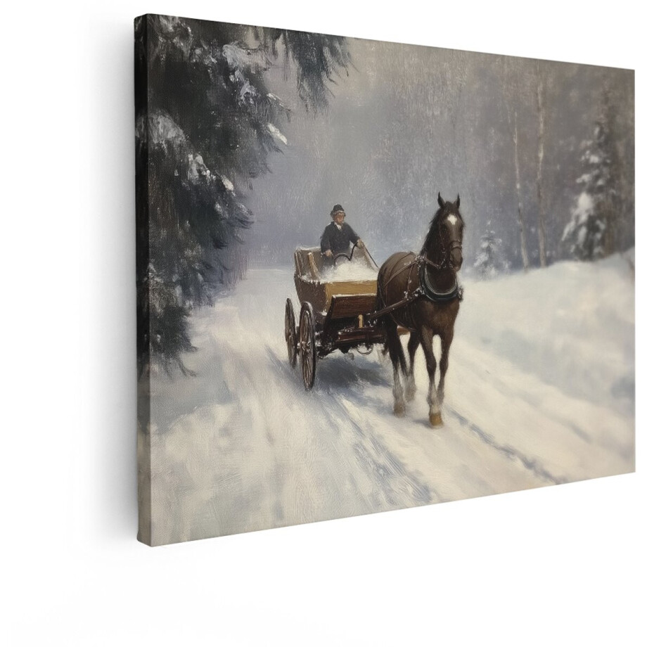 Artaza Canvas Schilderij Paard en Wagen Rijden door een Besneeuwd Bos in de Winter - 40x30 cm - Klein - Wanddecoratie Woonkamer - Schilderijen - Muurdecoratie afbeelding 1