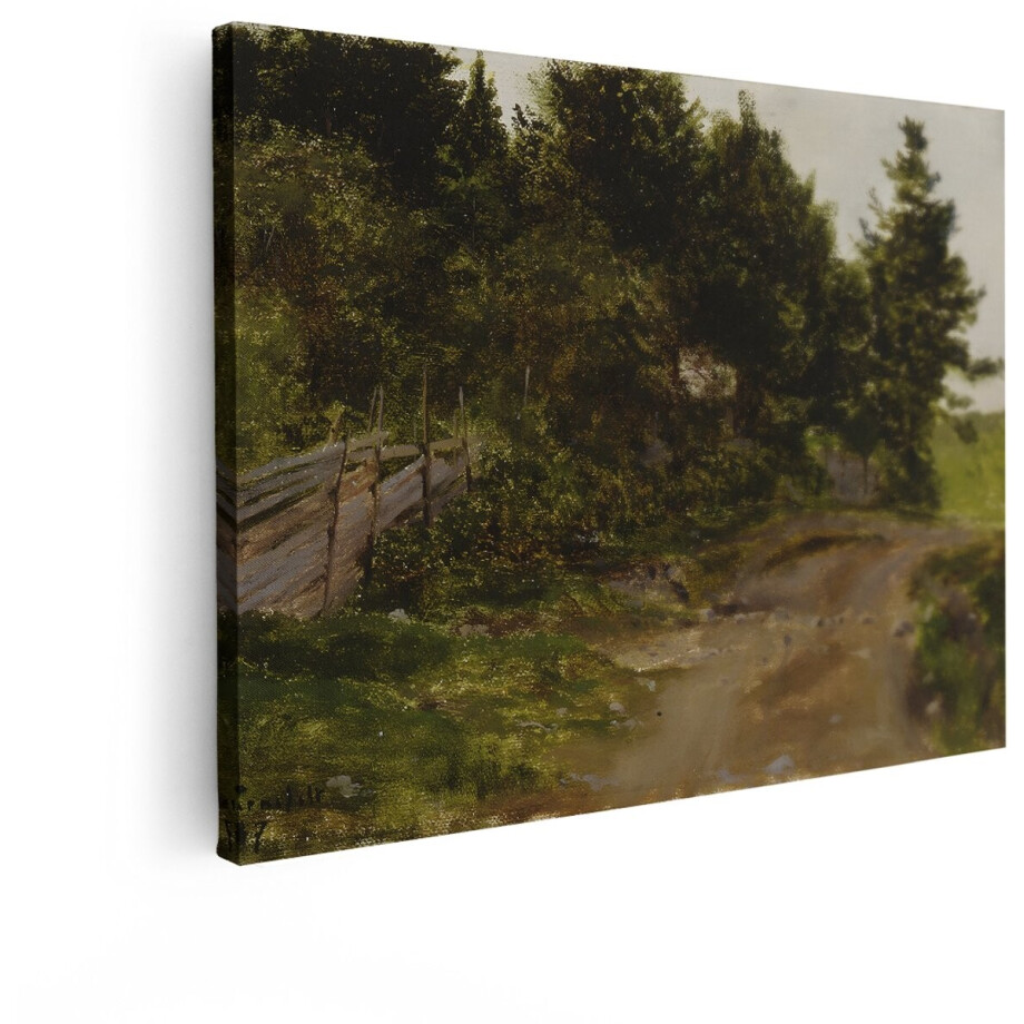 Artaza Canvas Schilderij Schilderachtig Landschap met een Landweggetje en een Houten Hek - 120x90 cm - Groot - Wanddecoratie Woonkamer - Schilderijen - Muurdecoratie afbeelding 1