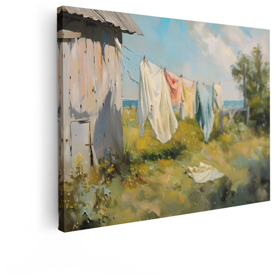 Artaza Canvas Schilderij Zomerse Wasgoed Hangt Te Drogen in de Zon met een Schuur en Groen Gras - 80x60 cm - Wanddecoratie Woonkamer - Schilderijen - Muurdecoratie afbeelding 1