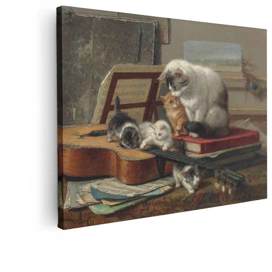 Artaza Canvas Schilderij Moederpoes en Kittens Spelen Rond een Gitaar en Muziekbladen - 120x90 cm - Groot - Wanddecoratie Woonkamer - Schilderijen - Muurdecoratie afbeelding 1