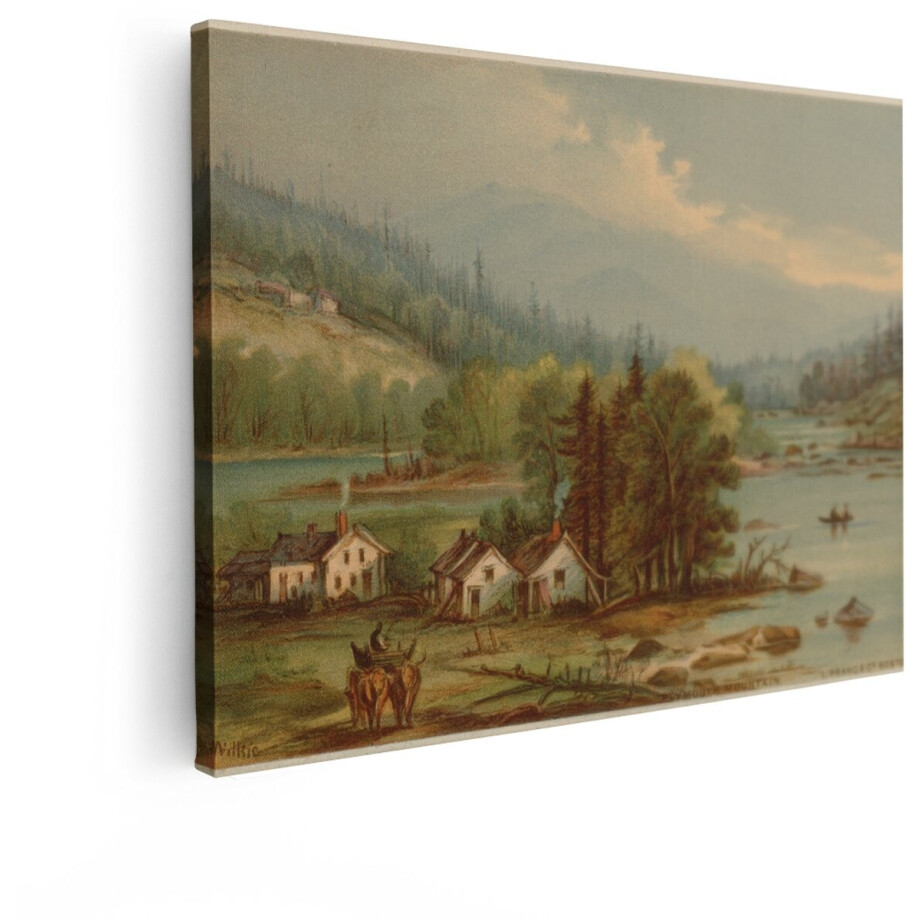 Artaza Canvas Schilderij Berglandschap - 80x60 cm - Wanddecoratie Vintage - Muurdecoratie Natuur - Schilderijen Landschap Rivier afbeelding 1