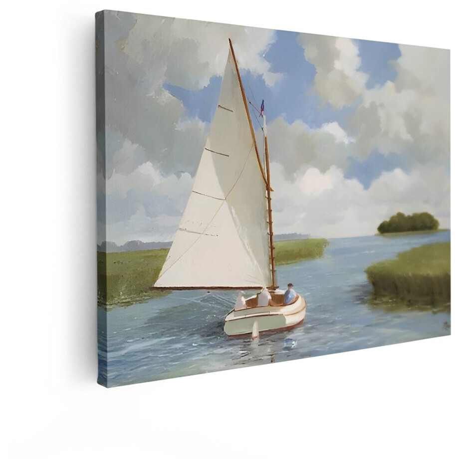 Artaza Canvas Schilderij Zeilboot Vaart door Rustig Water met een Eiland op de Achtergrond - 80x60 cm - Wanddecoratie Woonkamer - Schilderijen - Muurdecoratie afbeelding 1