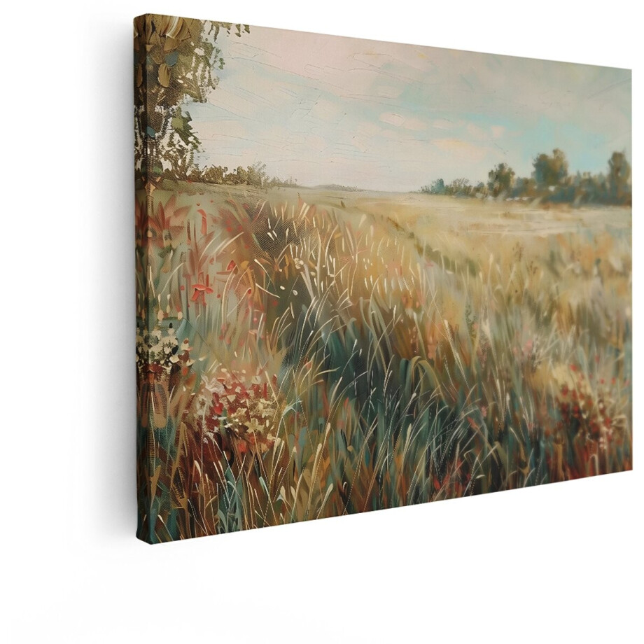 Artaza Canvas Schilderij Schilderachtige Weide met Hoge Grassen en Wilde Bloemen onder een Zachte Hemel - 120x90 cm - Groot - Wanddecoratie Woonkamer - Schilderijen - Muurdecoratie afbeelding 1