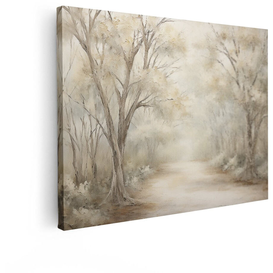 Artaza Canvas Schilderij Bosweg - 120x90 cm - Wanddecoratie Landschap - Muurdecoratie Bos - Decoratie Bomen Landelijk - Beige afbeelding 1