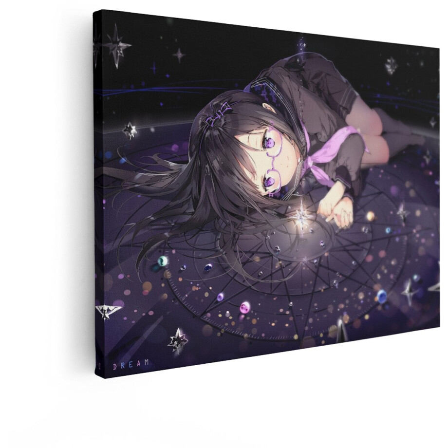 Artaza Canvas Schilderij Anime Meisje - 80x60 cm - Wanddecoratie Sterren - Muurdecoratie Slaapkamer - Decoratie Paars - Schilderijen Op Canvas afbeelding 1
