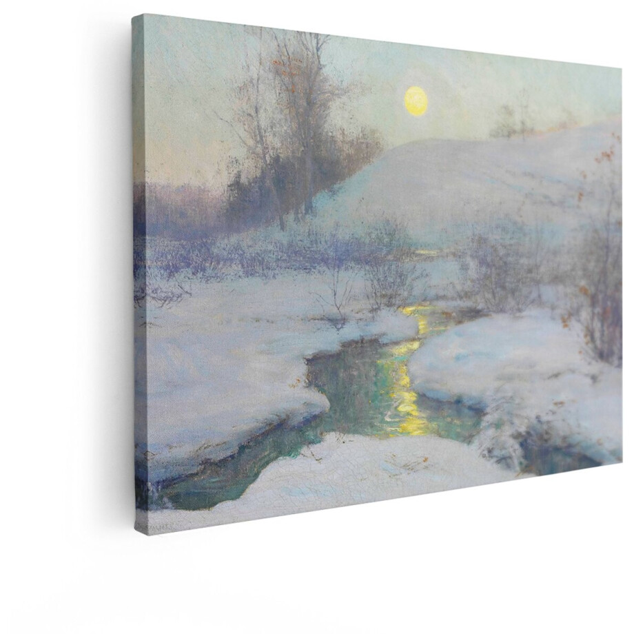 Artaza Canvas Schilderij Schilderij van een Besneeuwd Landschap met een Kabbelende Beek en de Zon - 120x90 cm - Groot - Wanddecoratie Woonkamer - Schilderijen - Muurdecoratie afbeelding 1