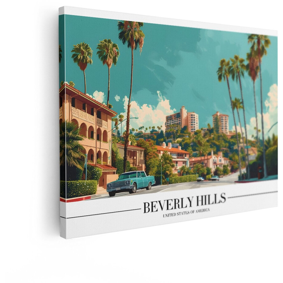 Artaza Canvas Schilderij Iconische Straat in Beverly Hills met Palmbomen en Klassieke Auto - 40x30 cm - Klein - Wanddecoratie Woonkamer - Schilderijen - Muurdecoratie afbeelding 1