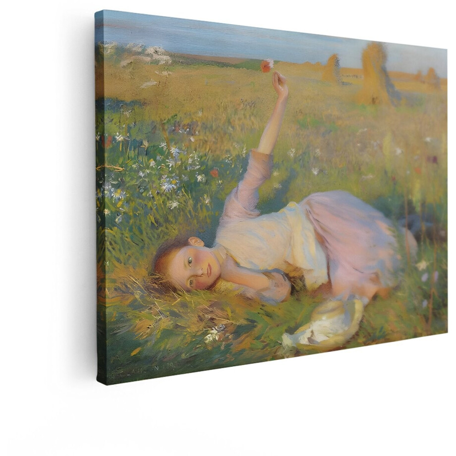 Artaza Canvas Schilderij Meisje in een Veld met Bloemen en Korenschoven - Genietend van de Zomer - 80x60 cm - Wanddecoratie Woonkamer - Schilderijen - Muurdecoratie afbeelding 1