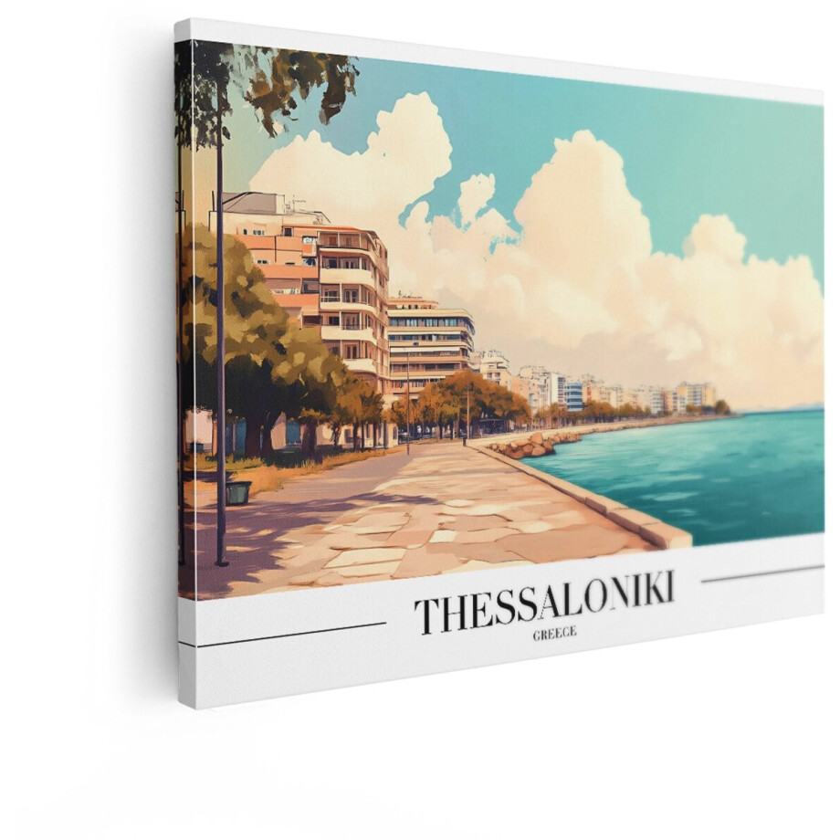 Artaza Canvas Schilderij Boulevard Griekenland - 40x30 cm - Wanddecoratie Stad - Muurdecoratie Zee - Schilderijen Op Canvas Kust - Turquoise afbeelding 1
