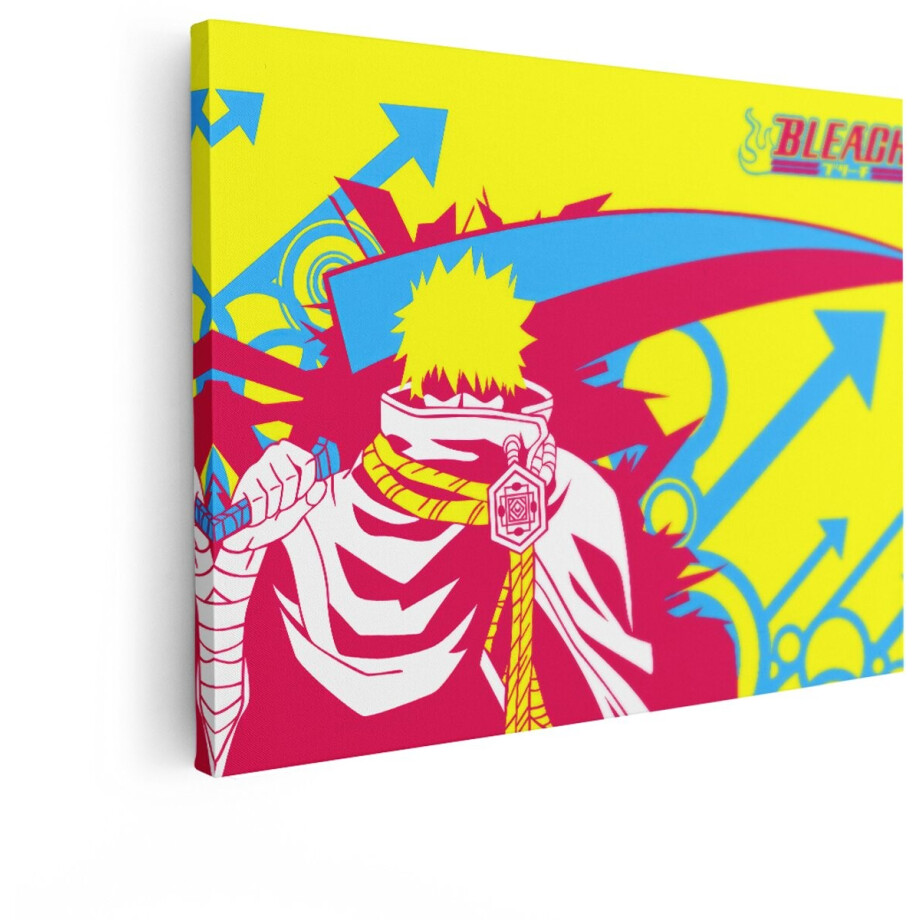 Artaza Canvas Schilderij Anime Held met Gele Haren en Zwaard - Dynamische Achtergrond met Pijlen - 120x90 cm - Groot - Wanddecoratie Woonkamer - Schilderijen - Muurdecoratie afbeelding 1