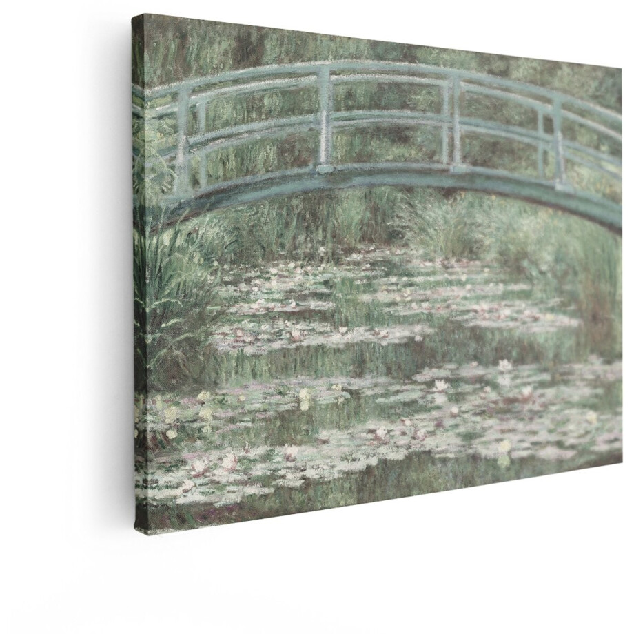 Artaza Canvas Schilderij Impressionistische Brug over Waterlelies in een Tuin - Geschilderd in Zachte Tinten - 80x60 cm - Wanddecoratie Woonkamer - Schilderijen - Muurdecoratie afbeelding 1