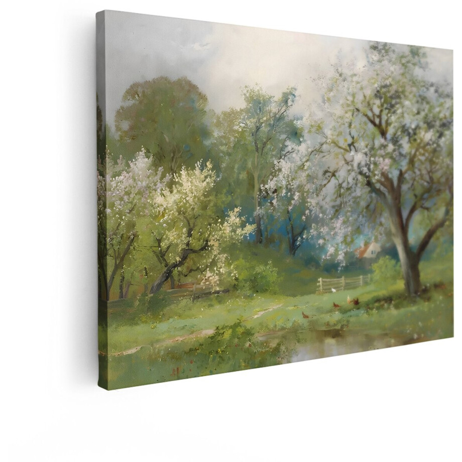 Artaza Canvas Schilderij Schilderachtig Lentelandschap met Bloeiende Bomen en Kippen bij een Huis - 120x90 cm - Groot - Wanddecoratie Woonkamer - Schilderijen - Muurdecoratie afbeelding 1
