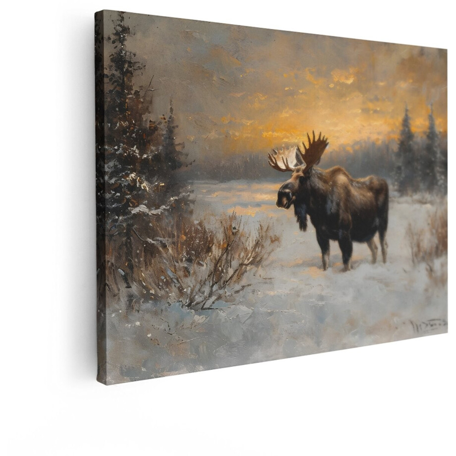 Artaza Canvas Schilderij Majestueuze Eland in Besneeuwd Bos bij Zonsondergang - Olieverfschilderij - 80x60 cm - Wanddecoratie Woonkamer - Schilderijen - Muurdecoratie afbeelding 1