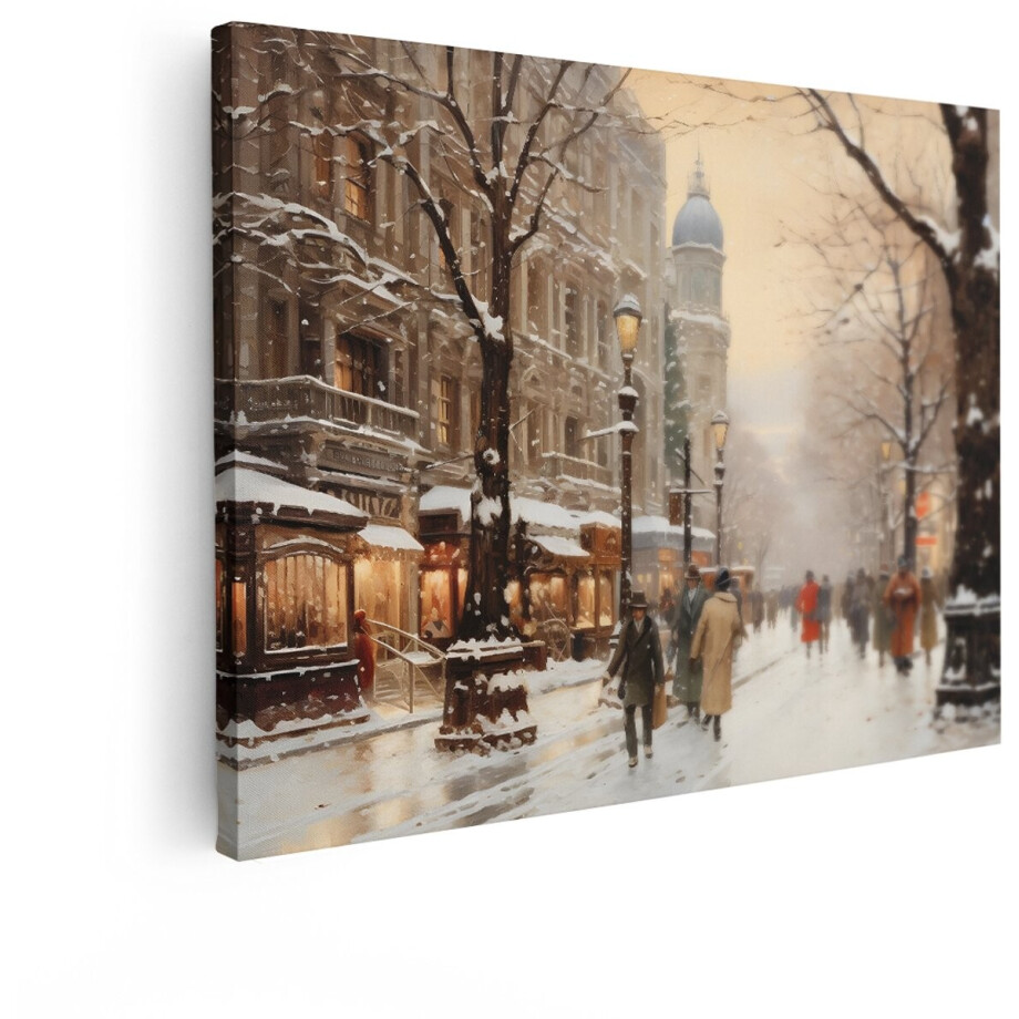 Artaza Canvas Schilderij Schilderachtige Winterse Straatscène met Mensen Die door de Sneeuw Lopen - 40x30 cm - Klein - Wanddecoratie Woonkamer - Schilderijen - Muurdecoratie afbeelding 1