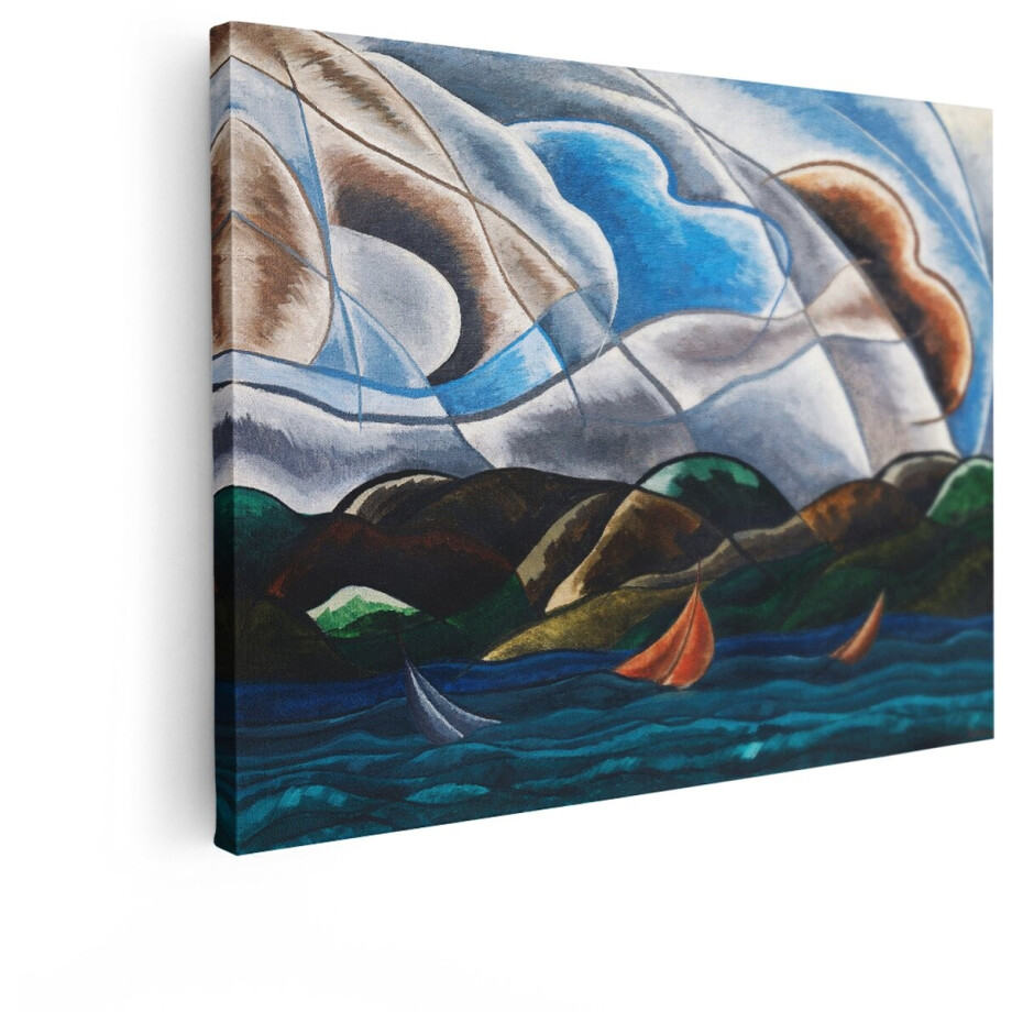 Artaza Canvas Schilderij Abstract Schilderij van Zeilboten op een Golvende Zee onder een Dramatische Lucht - 120x90 cm - Groot - Wanddecoratie Woonkamer - Schilderijen - Muurdecoratie afbeelding 1