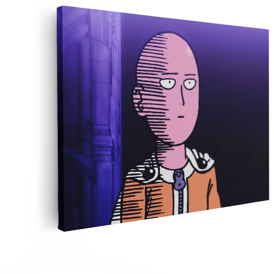 Artaza Canvas Schilderij Saitama - de Kale Held met de Oranje Outfit - Kijkt Peinzend Vooruit - 80x60 cm - Wanddecoratie Woonkamer - Schilderijen - Muurdecoratie afbeelding 1