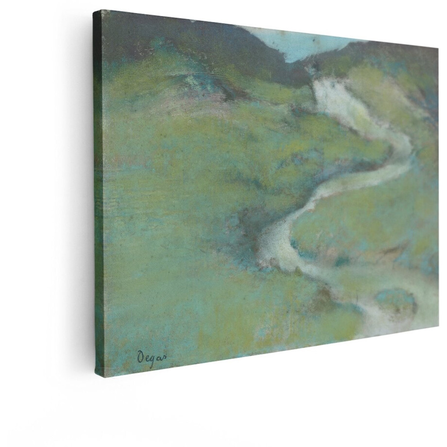 Artaza Canvas Schilderij Impressionistische Pasteltekening van een Kronkelende Rivier door een Groen Landschap - 120x90 cm - Groot - Wanddecoratie Woonkamer - Schilderijen - Muurdecoratie afbeelding 1