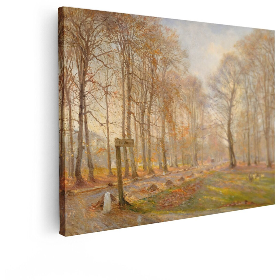 Artaza Canvas Schilderij Schilderachtig Herfstbos met Eenden en een Wegwijzer in de Ochtendzon - 80x60 cm - Wanddecoratie Woonkamer - Schilderijen - Muurdecoratie afbeelding 1