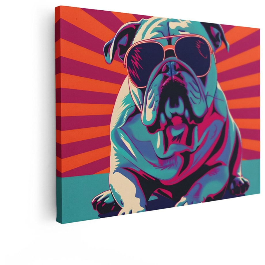 Artaza Canvas Schilderij Pop Art Bulldog met Zonnebril in Levendige Kleuren en Gestreepte Achtergrond - 120x90 cm - Groot - Wanddecoratie Woonkamer - Schilderijen - Muurdecoratie afbeelding 1