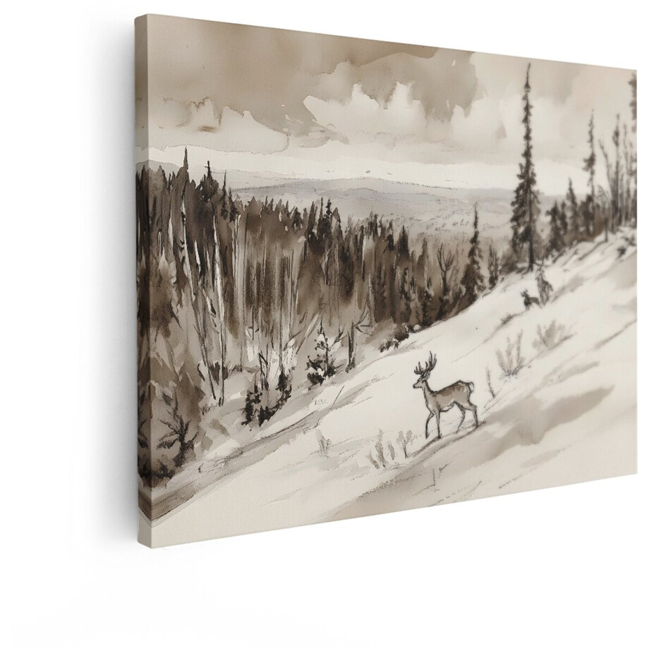 Artaza Canvas Schilderij Schilderachtige Winterse Landschapsschets met Herten in de Sneeuw - 120x90 cm - Groot - Wanddecoratie Woonkamer - Schilderijen - Muurdecoratie afbeelding 1