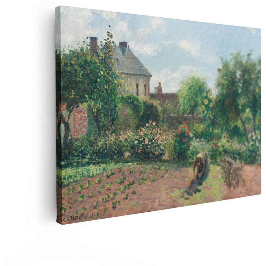 Artaza Canvas Schilderij Impressionistische Tuin met Bloemen - Groenten en een Werkende Vrouw - 120x90 cm - Groot - Wanddecoratie Woonkamer - Schilderijen - Muurdecoratie afbeelding 1