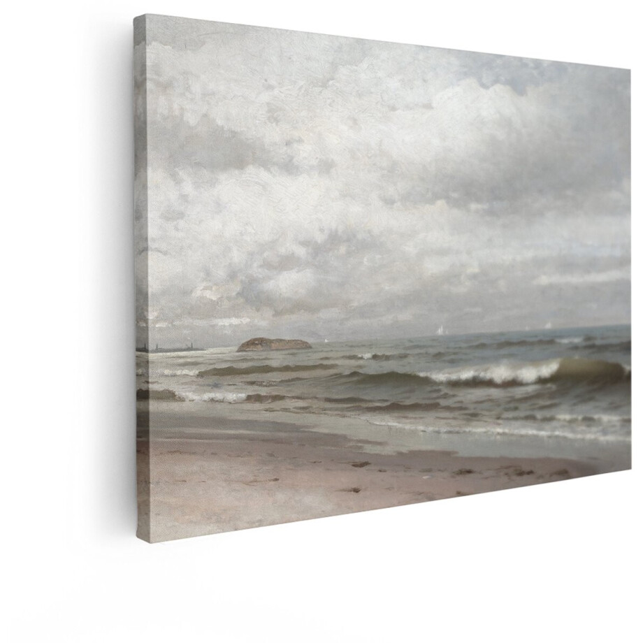 Artaza Canvas Schilderij Grijze Luchten boven een Rustige Zee met Golven en Zeilboten - 40x30 cm - Klein - Wanddecoratie Woonkamer - Schilderijen - Muurdecoratie afbeelding 1