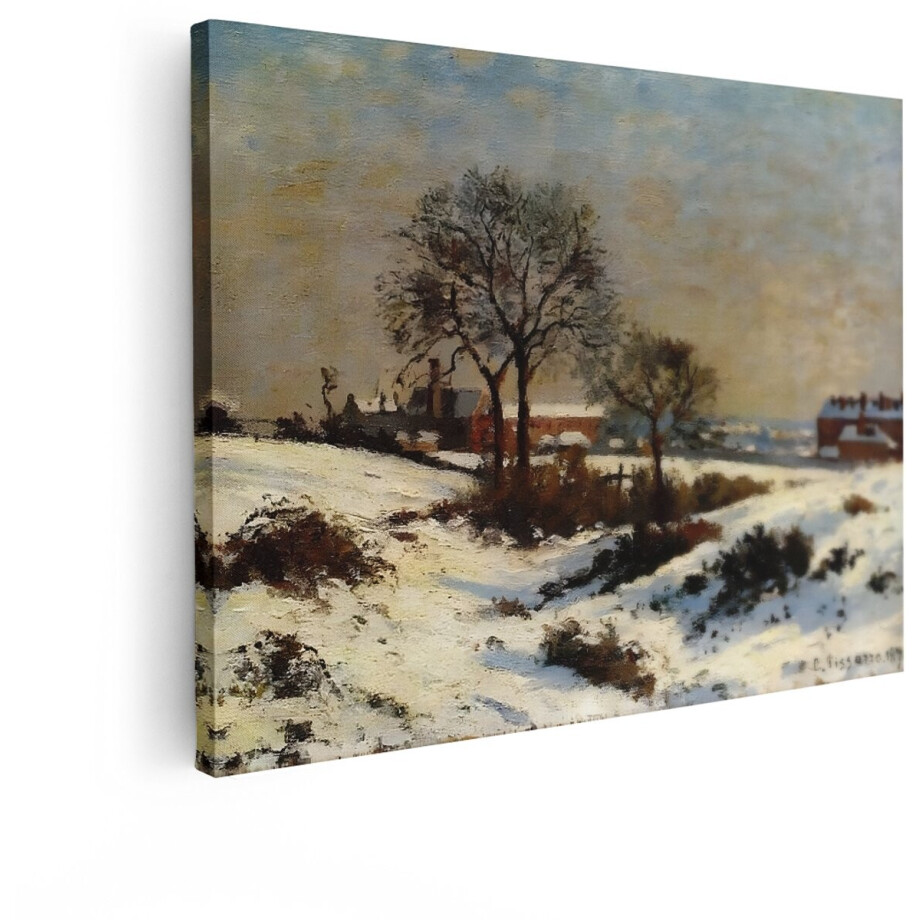 Artaza Canvas Schilderij Schilderij van een Besneeuwd Landschap met Huizen en Bomen in de Winter - 120x90 cm - Groot - Wanddecoratie Woonkamer - Schilderijen - Muurdecoratie afbeelding 1