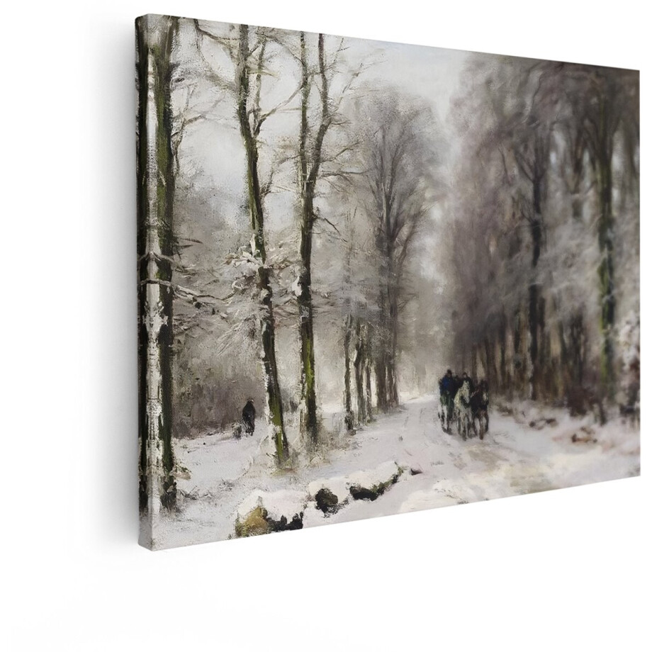 Artaza Canvas Schilderij Winterlandschap - 120x90 cm - Wanddecoratie Besneeuwd Bos - Muurdecoratie Paard En Wagen - Schilderijen Op Canvas afbeelding 1