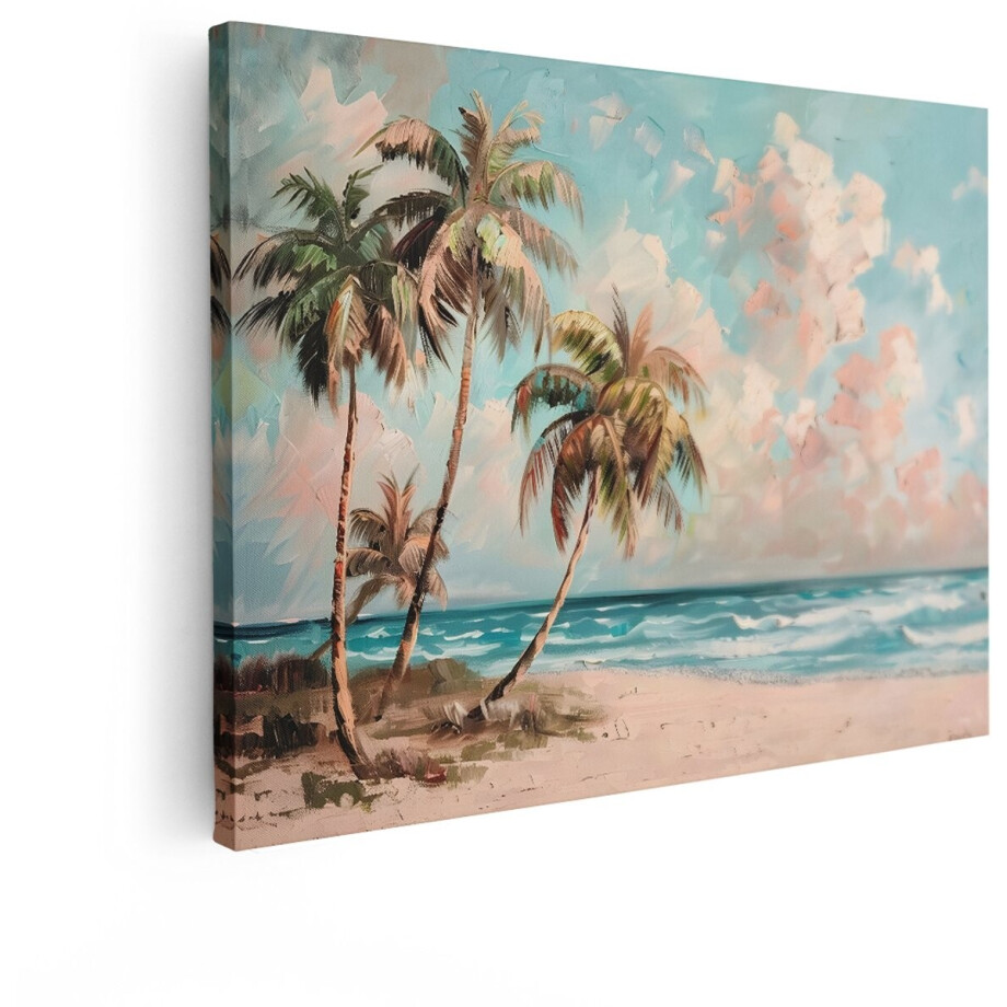 Artaza Canvas Schilderij Schilderij van Palmbomen op een Zonnig Strand met Golven en Pastelkleurige Wolken - 120x90 cm - Groot - Wanddecoratie Woonkamer - Schilderijen - Muurdecoratie afbeelding 1
