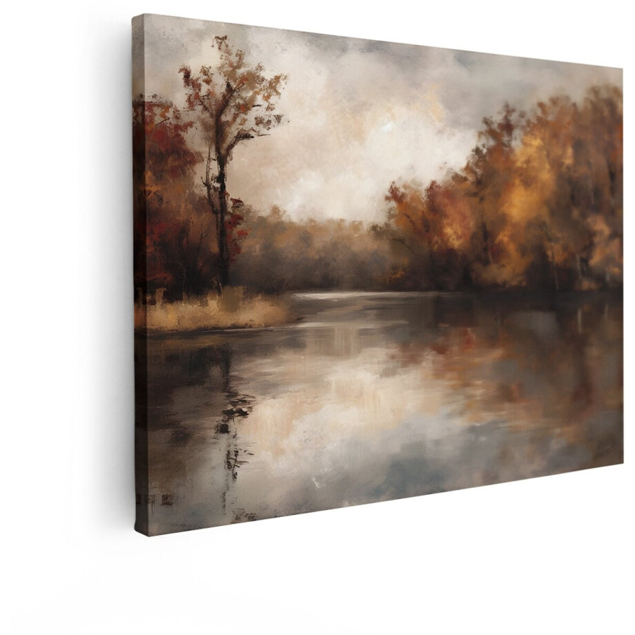 Artaza Canvas Schilderij Herfstlandschap - 80x60 cm - Wanddecoratie Natuur - Muurdecoratie Bomen - Schilderijen Op Canvas Water afbeelding 1
