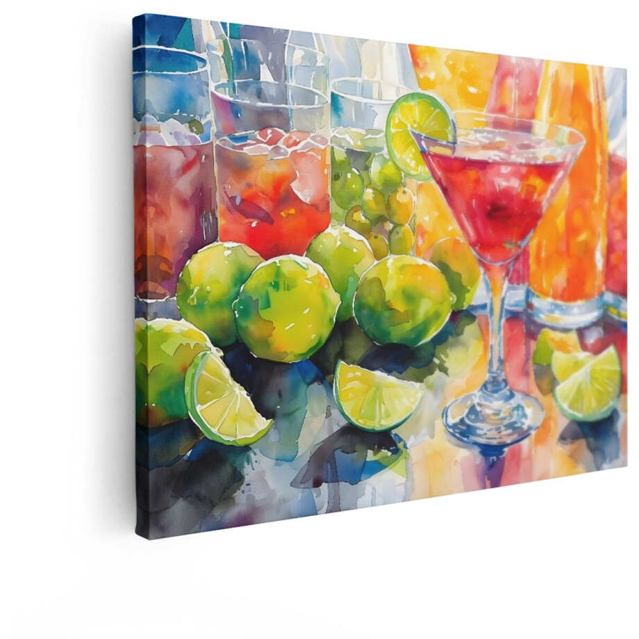 Artaza Canvas Schilderij Cocktail - 80x60 cm - Wanddecoratie Bar - Muurdecoratie Limoen - Kleurrijk Aquarel Schilderij - Decoratie Woonkamer afbeelding 1