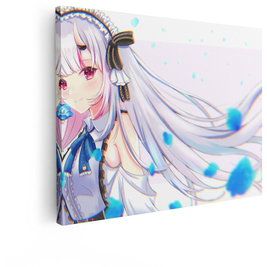 Artaza Canvas Schilderij Anime Meisje - 80x60 cm - Wanddecoratie Witte Haren - Muurdecoratie Blauwe Bloem - Decoratie Slaapkamer - Wit afbeelding 1