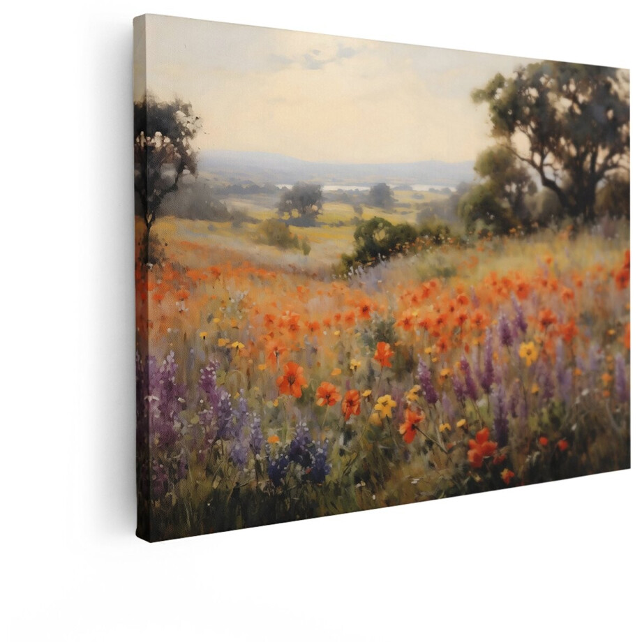 Artaza Canvas Schilderij Schilderachtig Veld met Wilde Bloemen en Bomen op een Heuvel - 120x90 cm - Groot - Wanddecoratie Woonkamer - Schilderijen - Muurdecoratie afbeelding 1