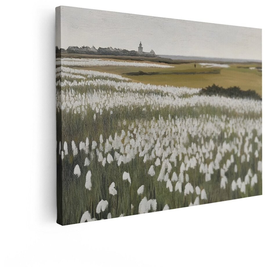 Artaza Canvas Schilderij Schilderij van een Veld met Witte Bloemen en een Vuurtoren in de Verte - 40x30 cm - Klein - Wanddecoratie Woonkamer - Schilderijen - Muurdecoratie afbeelding 1