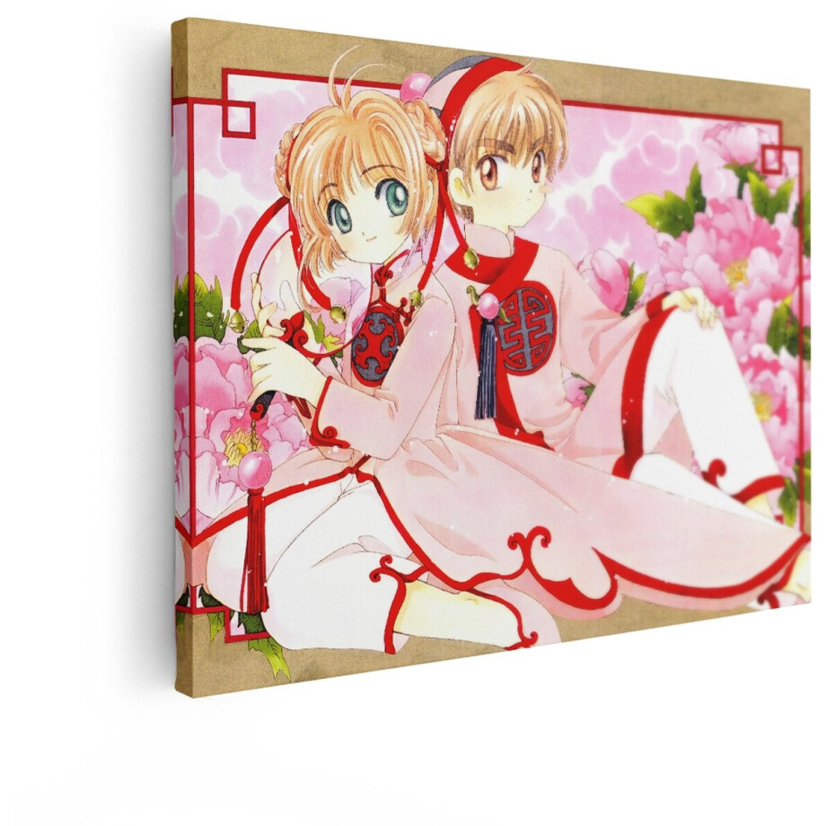 Artaza Canvas Schilderij Anime Personages in Traditionele Chinese Kleding met Bloemen op de Achtergrond - 80x60 cm - Wanddecoratie Woonkamer - Schilderijen - Muurdecoratie afbeelding 1